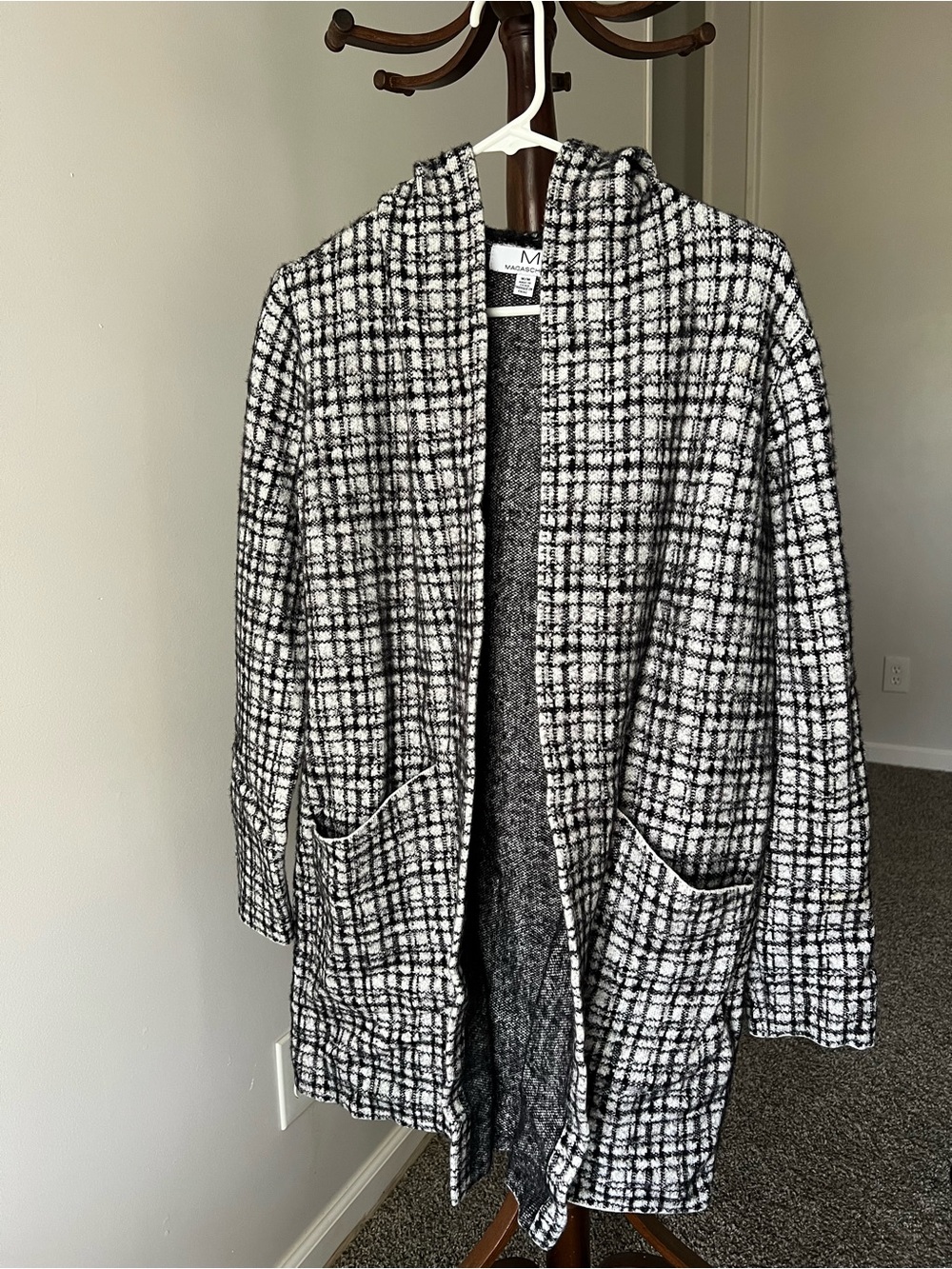 Hooded Plaid Cardigan Jacket - Black & White
